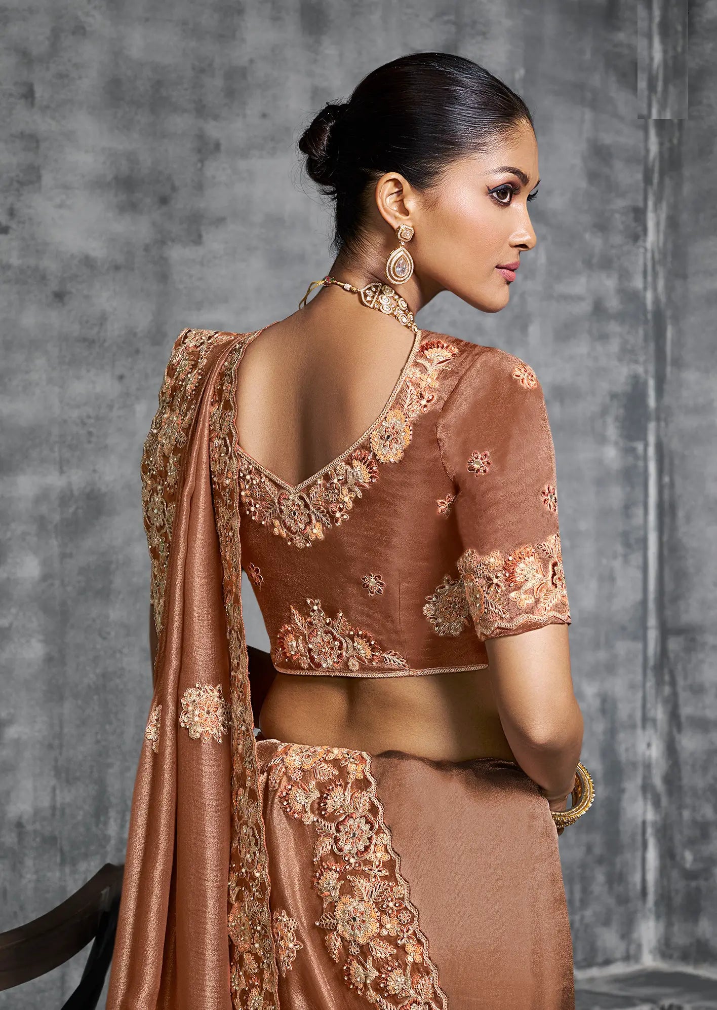 Rust Brown Zari Tissue Hand Work & Embroidery Saree