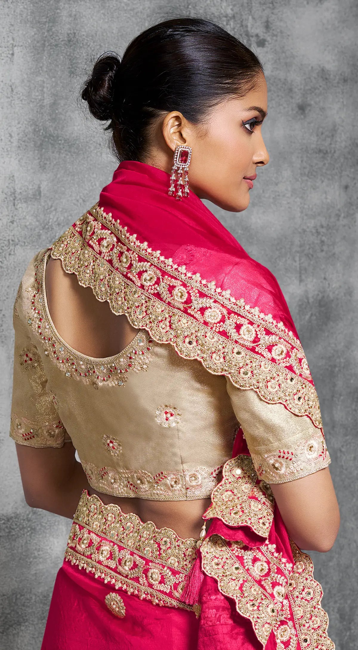 Hot Pink Satin Silk Hand Work & Embroidery Saree