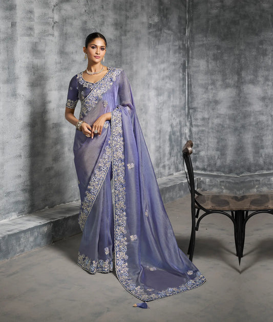 Lavender Zari Tissue Hand Work & Embroidery Saree