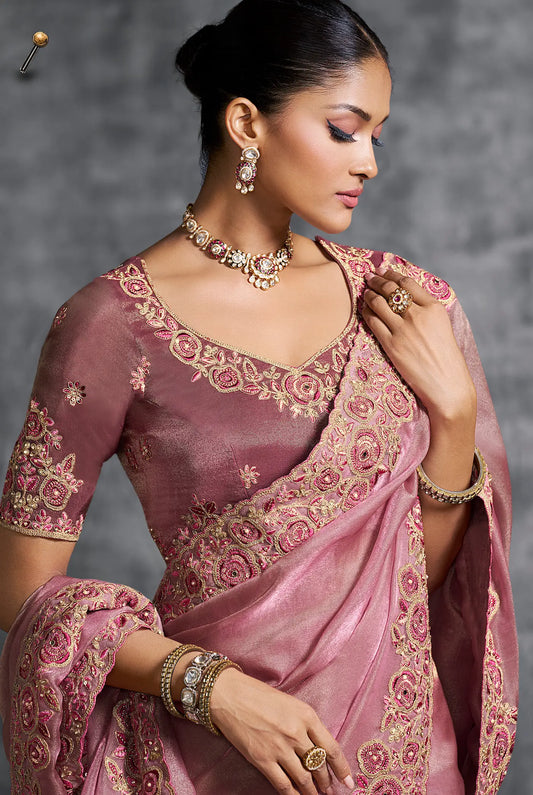 Rosy Pink Zari Tissue Hand Work & Embroidery Saree