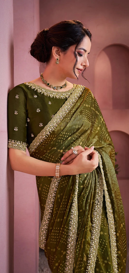 Shaded Olive Satin Silk Saree With Hand Work & Embroidery