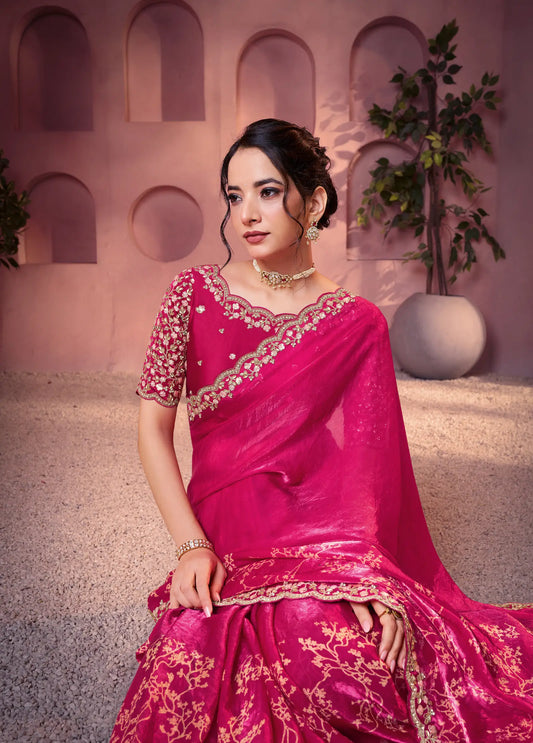 Raspberry Satin Silk Saree With Hand Work & Embroidery