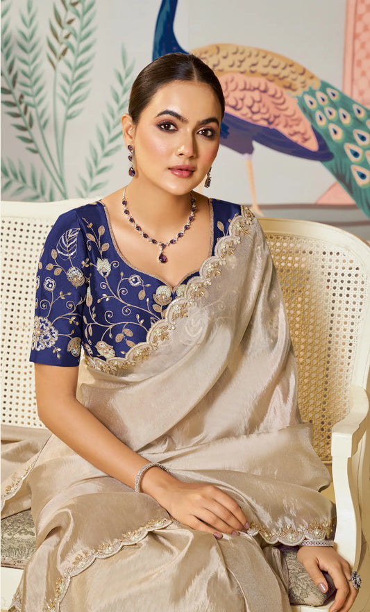 Shiney Beige Tussar Silk Embroidery Party Wear Saree