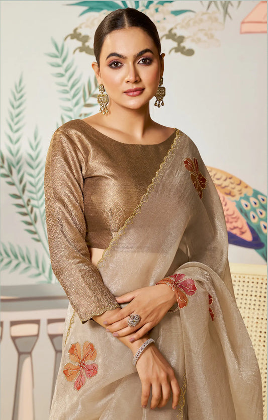 Sand Beige Satin Organza Embroidery Party Wear Saree