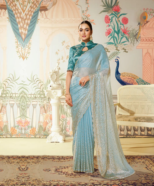 Sky Blue Satin Silk Embroidery Party Wear Saree