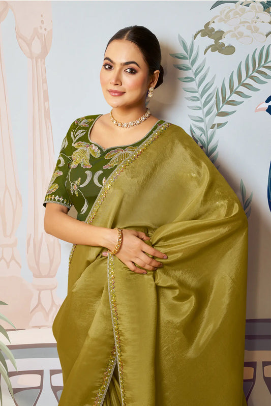 Mustard Satin Silk Embroidery Party Wear Saree