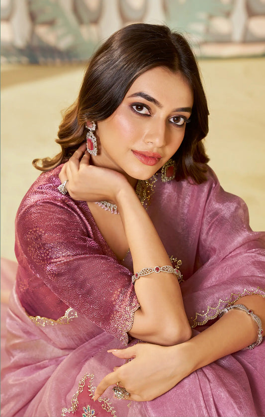 Old Pink Satin Organza Embroidery Party Wear Saree