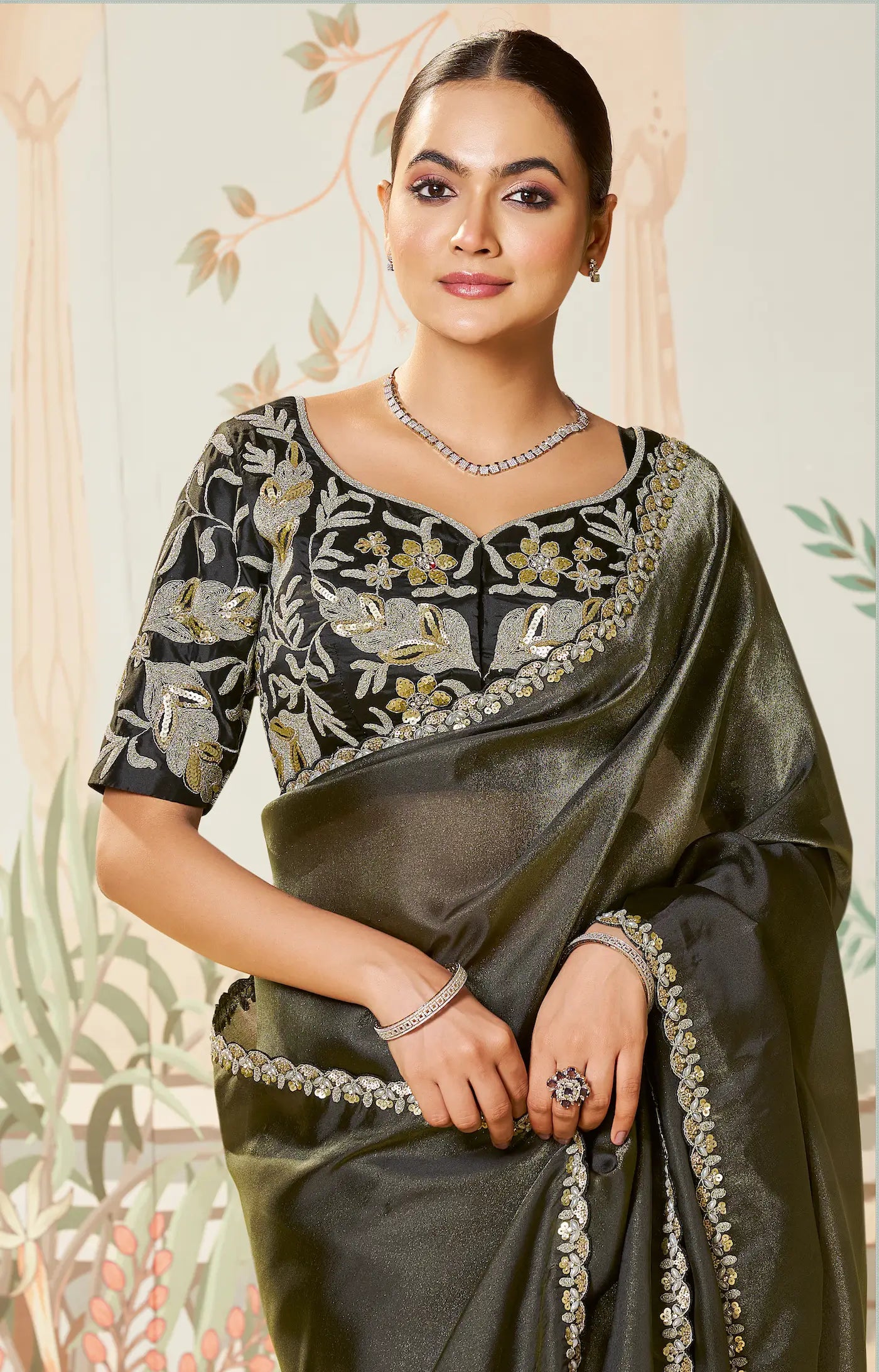 Charcoal Black Zari Organza Embroidery Party Wear Saree