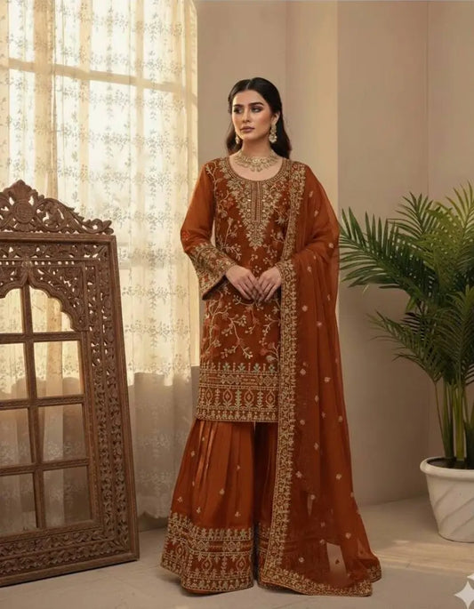 Rust Orange Jimmy Choo Embroidery Salwar Suit