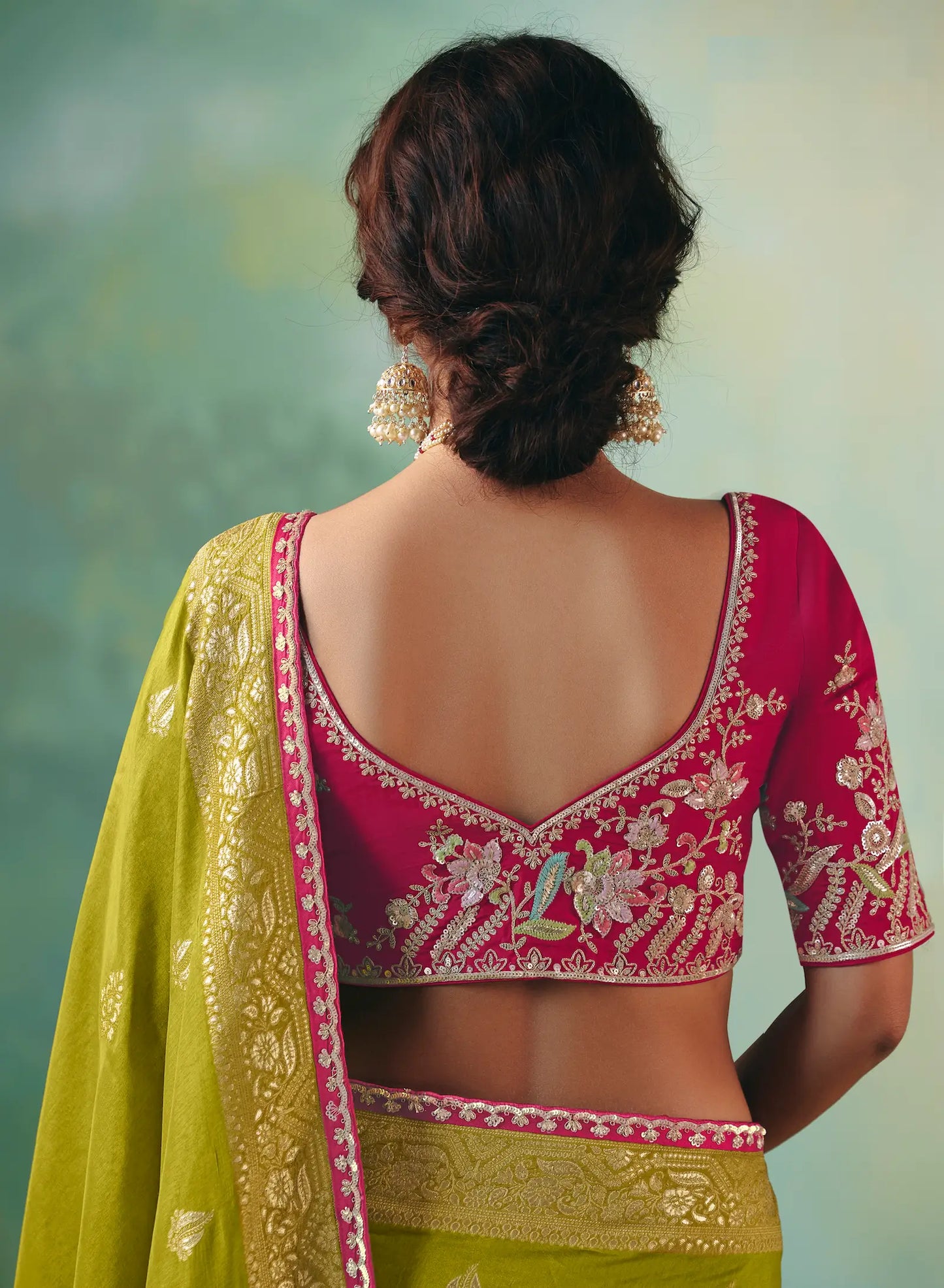 Olive Green Dola Silk Saree With Embroidery Work Blouse