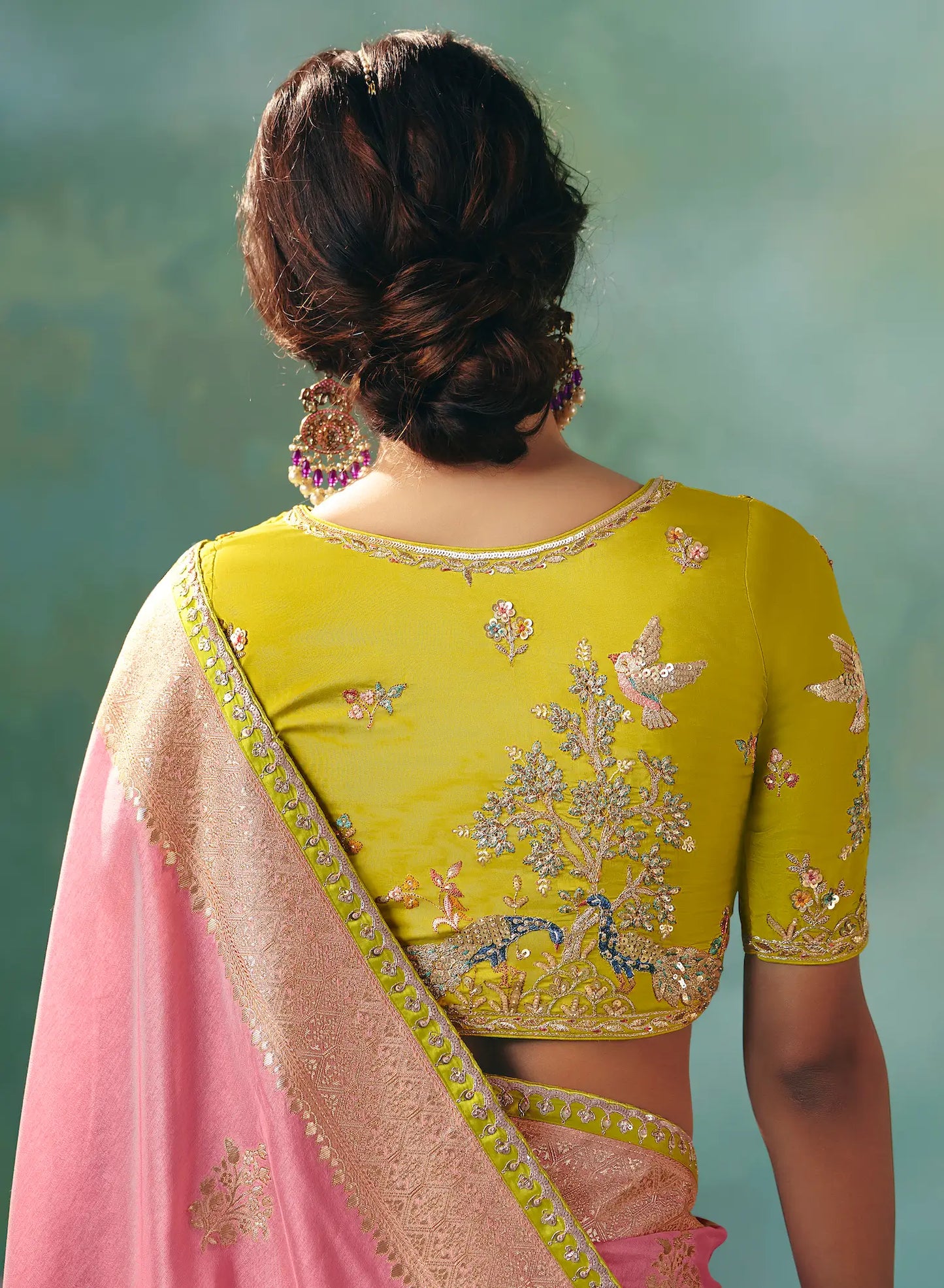 Salmon Pink Dola Silk Saree With Embroidery Work Blouse