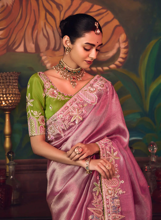 Tulip Pink Heavy Embroidery & Handwork Silk Saree