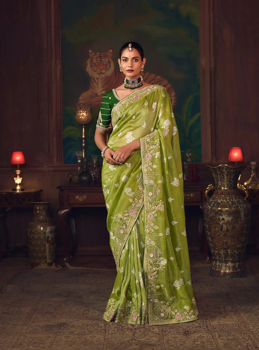 Parrot Green Heavy Embroidery & Handwork Silk Saree