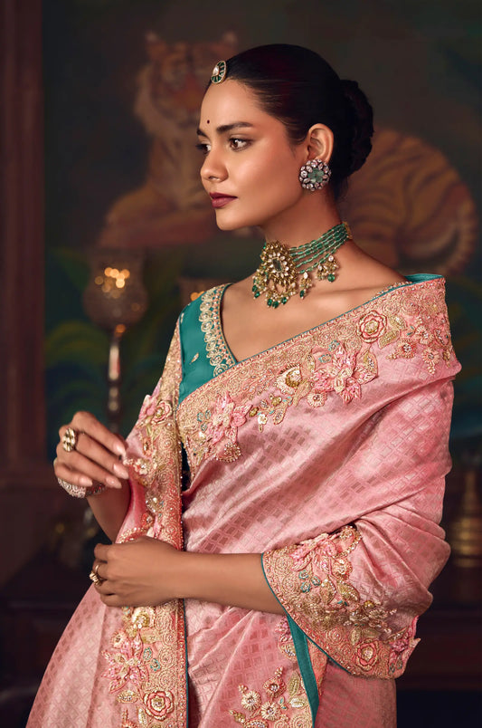 Flamingo Pink Heavy Embroidery & Handwork Silk Saree