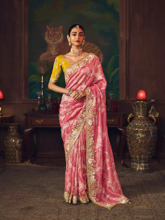 Peach Pink Heavy Embroidery & Handwork Silk Saree