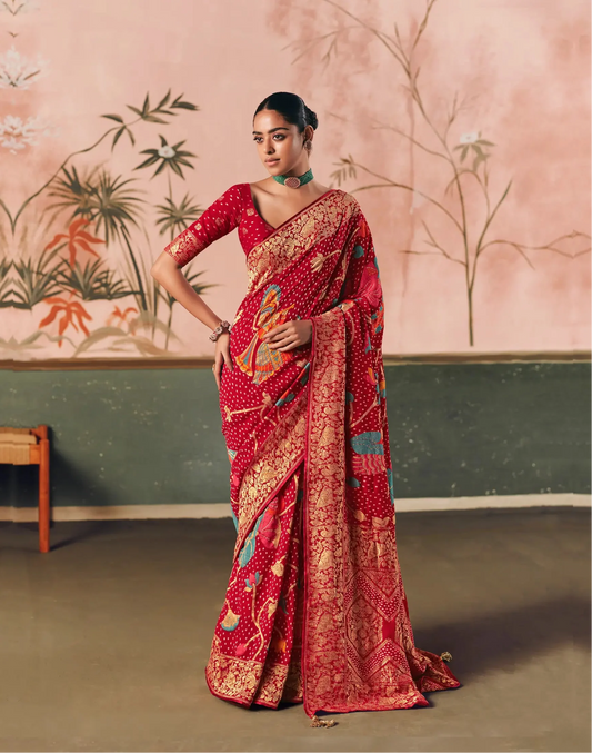 Scarlet Red Georgette Bandhej Weaving Saree