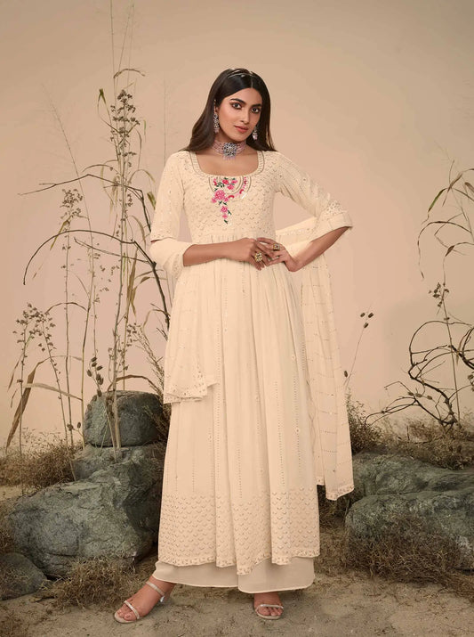 Beige Georgette Palazzo Salwar Suit With Thread Sequins Embroidery Work