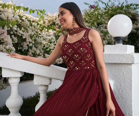 Maroon Georgette Palazzo Salwar Suit With Thread And Sequins Embroidered Work