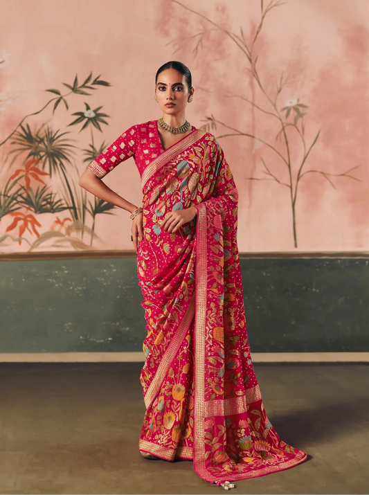Rose Red Georgette Bandhej Weaving Saree
