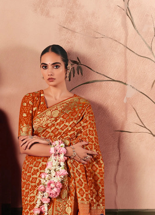 Burnt Orange Georgette Bandhej Weaving Saree