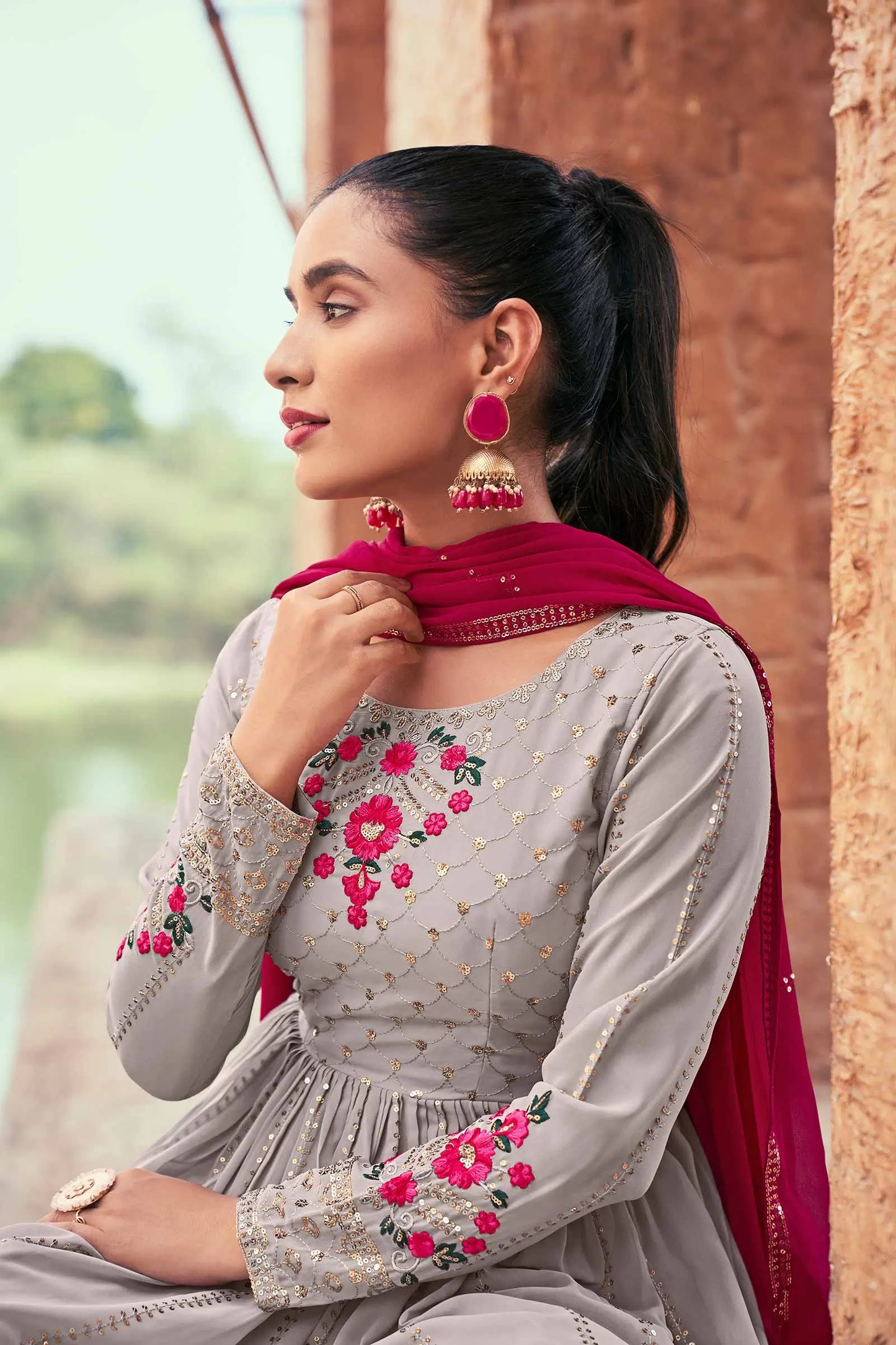 Grey Pink Georgette Palazzo Salwar Suit With Thread And Sequins Embroidered Work
