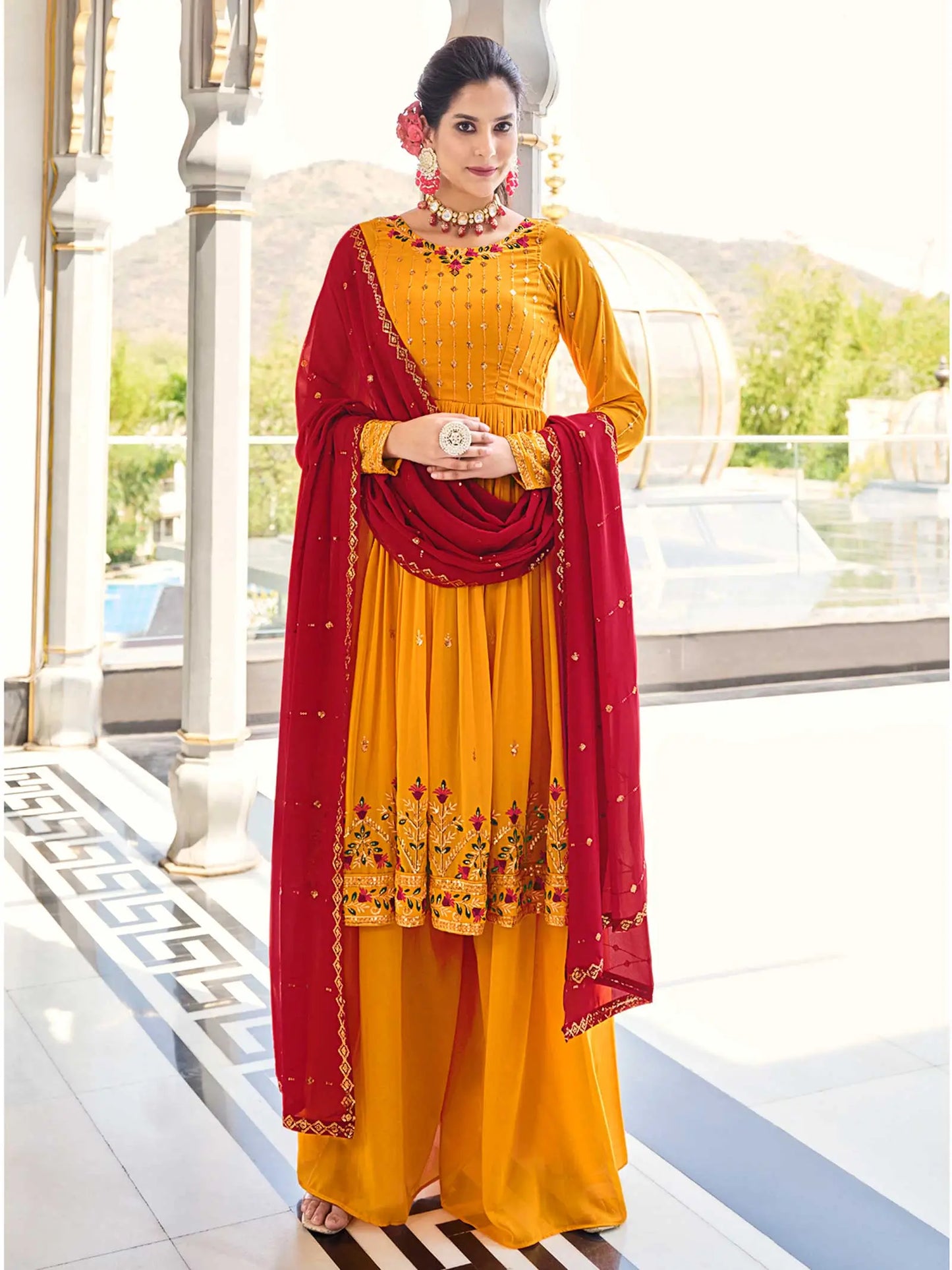 Mustard Yellow Georgette Palazzo Salwar Suit With Thread And Sequins Embroidered Work