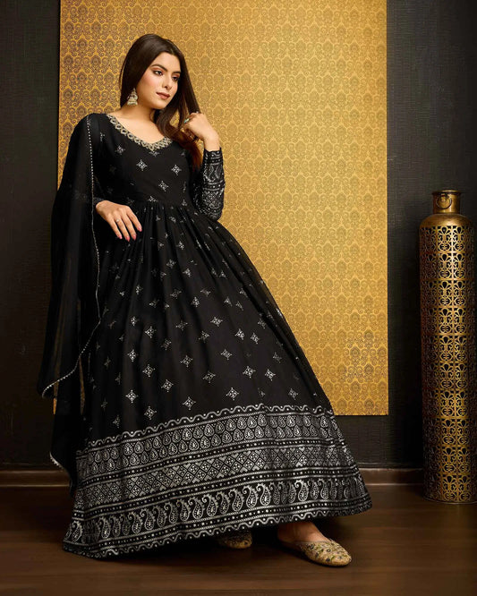 Black Georgette Metalic Foil Work Gown With Dupatta