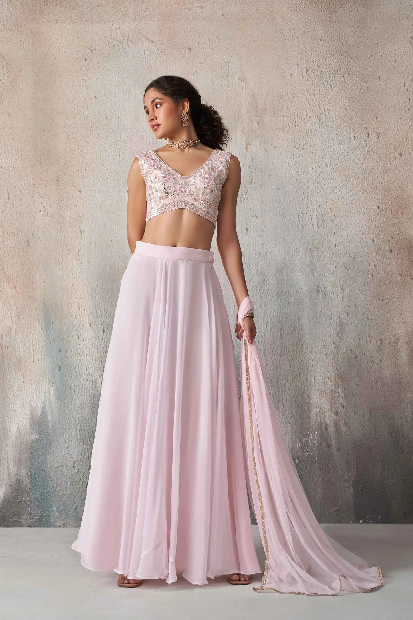 Soft Light pink Georgette Hand Work Indo Western lehenga Set With Dupatta