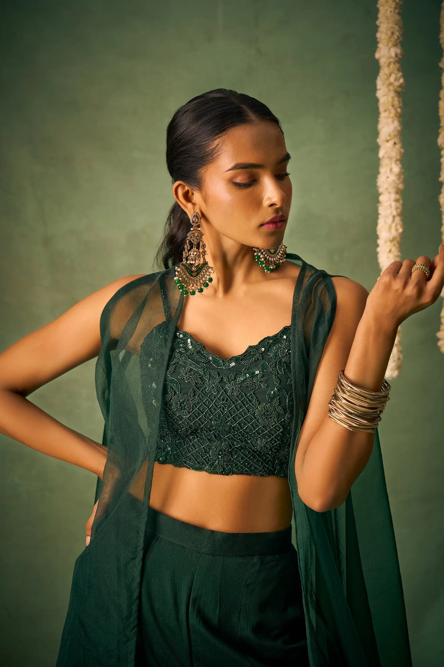 Dark Green Indo Western Khatli Work Blouse With Sharara And Cap