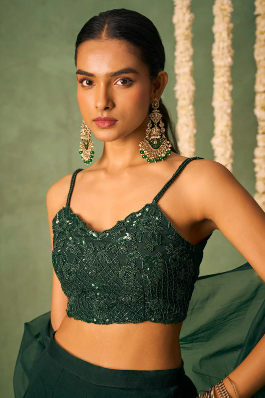 Dark Green Indo Western Khatli Work Blouse With Sharara And Cap