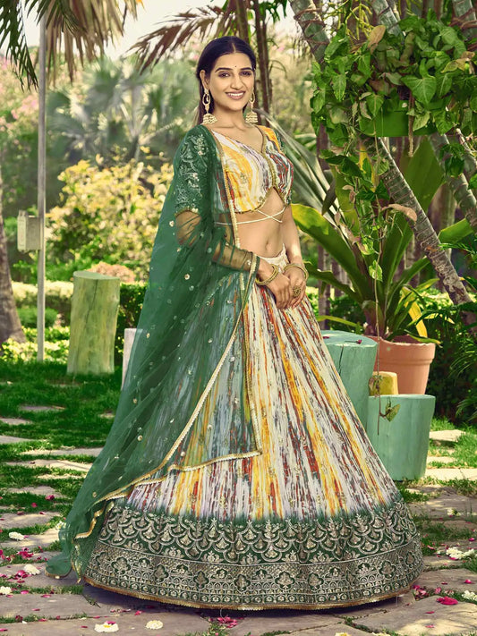 Designer Green Lehenga With Sequins Zari Embroidery Work With Digital Print