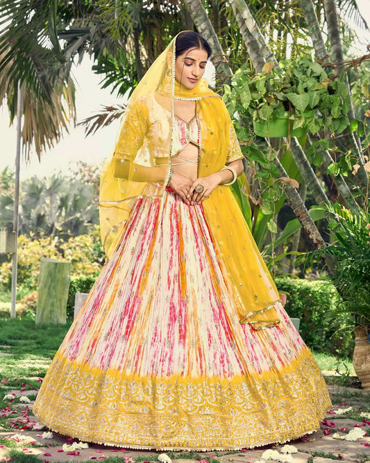 Lightning Yellow Lehenga With Sequins Zari Embroidery Work With Digital Print