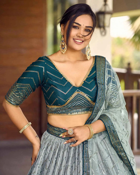 Light Blue Grey Lehenga Choli With Thread And Sequins Embroidery Work