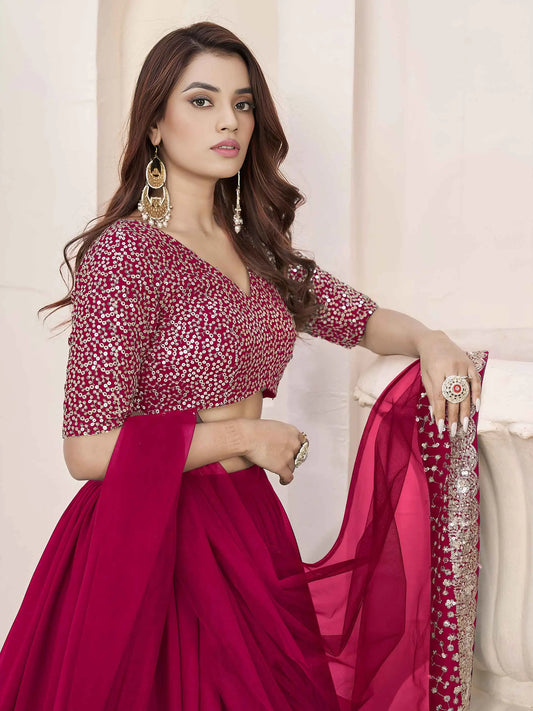 Pink Zari Sequins Embroidery Work Lehenga