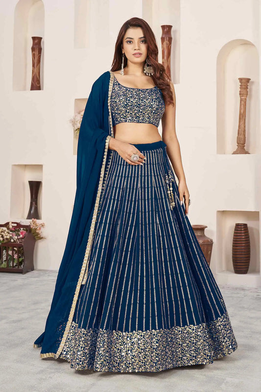 Prussian Blue Georgette Lehenga With Sequins And Zari Embroidered Work