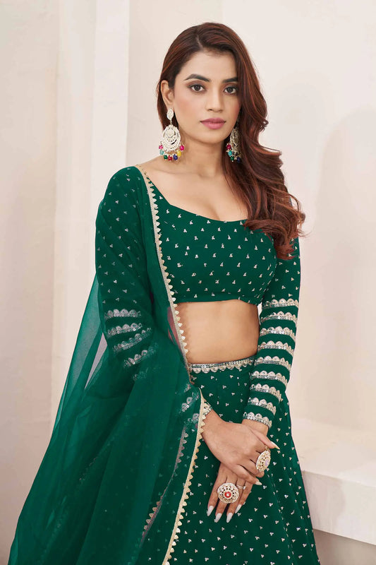 Teal Green Georgette Lehenga With Zari And Sequins Embroidery Work