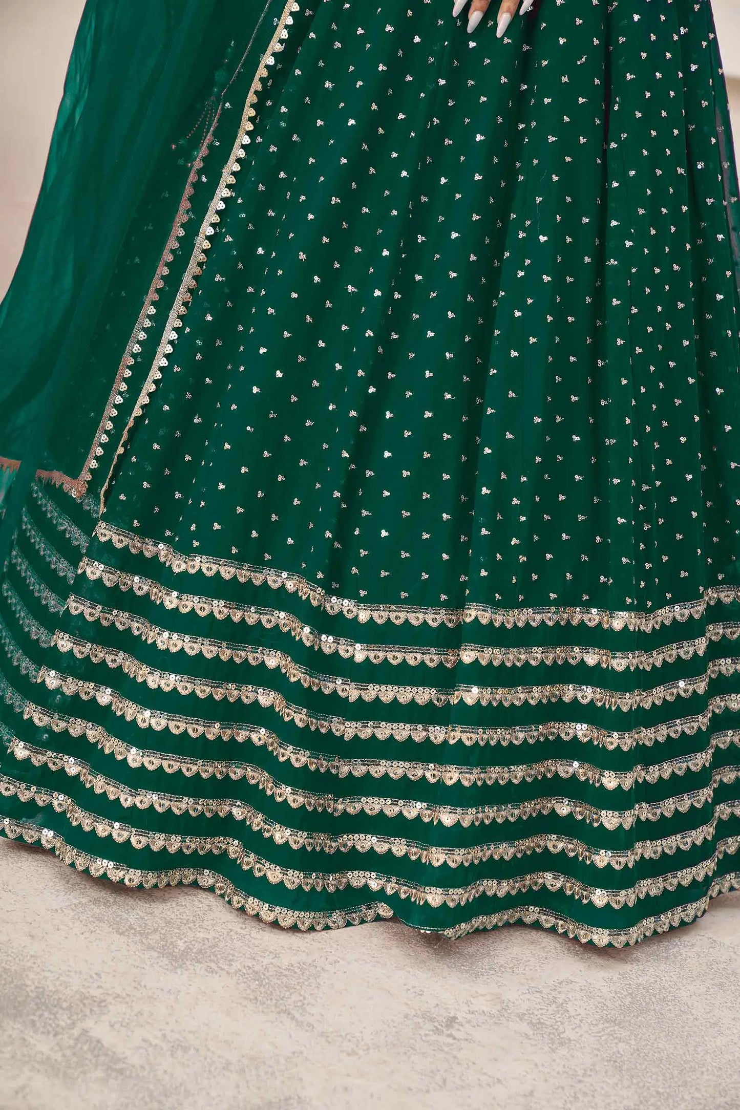 Teal Green Georgette Lehenga With Zari And Sequins Embroidery Work