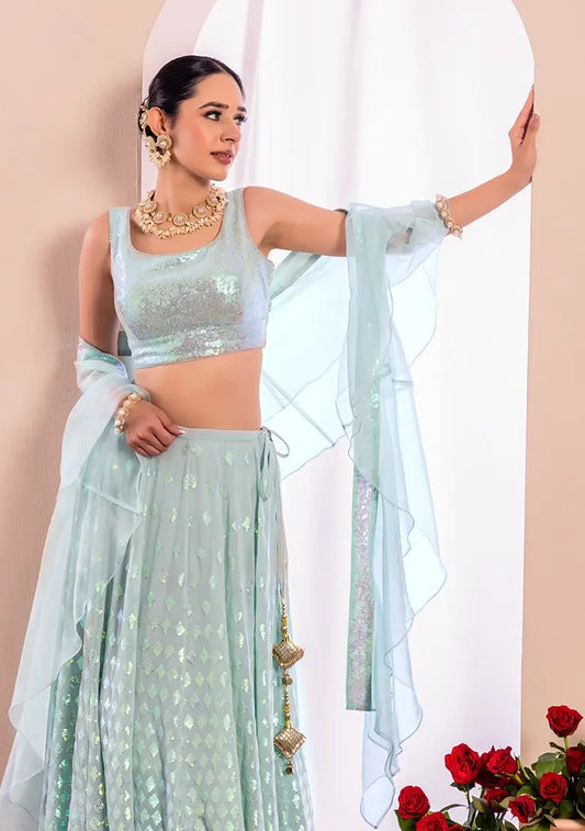 Sky Blue Party Wear Lehenga With Sequins Work with Ruffle Dupatta