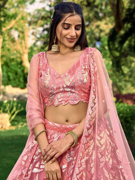 Pink Soft Net Lehenga With Multiple Sequins And Thread Embroidery Work