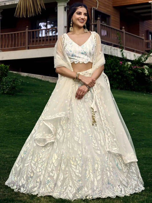 White Soft Net Lehenga With Multiple Sequins And Thread Embroidery Work
