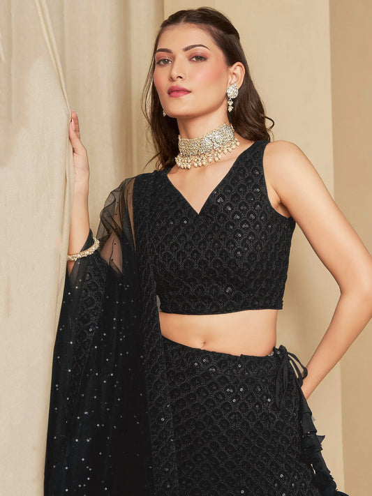 Black Party Wear Lehenga With Sequins Embroidery Work And Dupatta