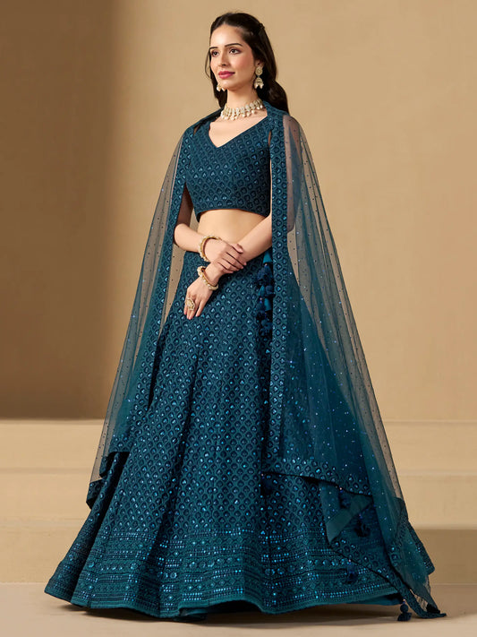 Teal Blue Georgette Lehenga With Sequins Embroidery Work And Dupatta