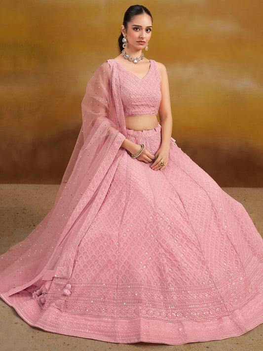 Light Pink Georgette Lehenga With Sequins Embroidery Work And Dupatta