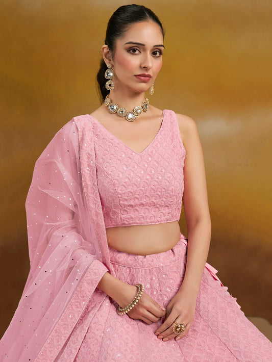 Light Pink Georgette Lehenga With Sequins Embroidery Work And Dupatta