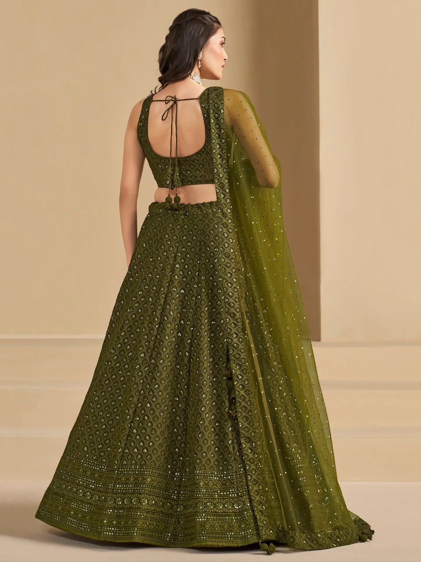 Mehendi Green Designer Lehenga With Sequins Embroidery Work And Dupatta