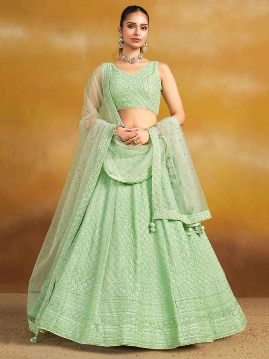 Light Mint green Designer Lehenga With Sequins Embroidery Work And Dupatta