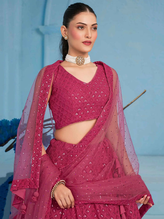 Rosy Pink Party Wear Lehenga With Sequins Embroidery Work And Dupatta