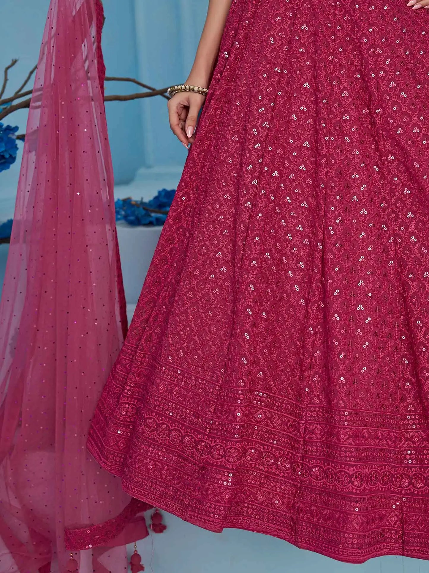 Rosy Pink Party Wear Lehenga With Sequins Embroidery Work And Dupatta