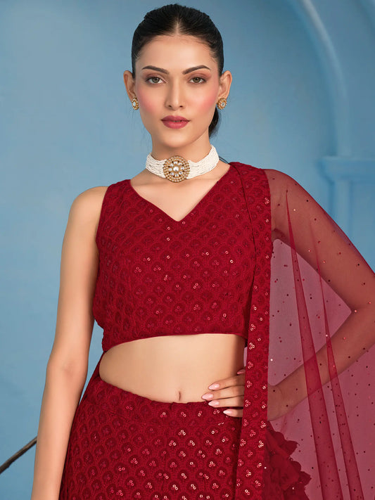 Red Party Wear Lehenga With Sequins Embroidery Work And Dupatta