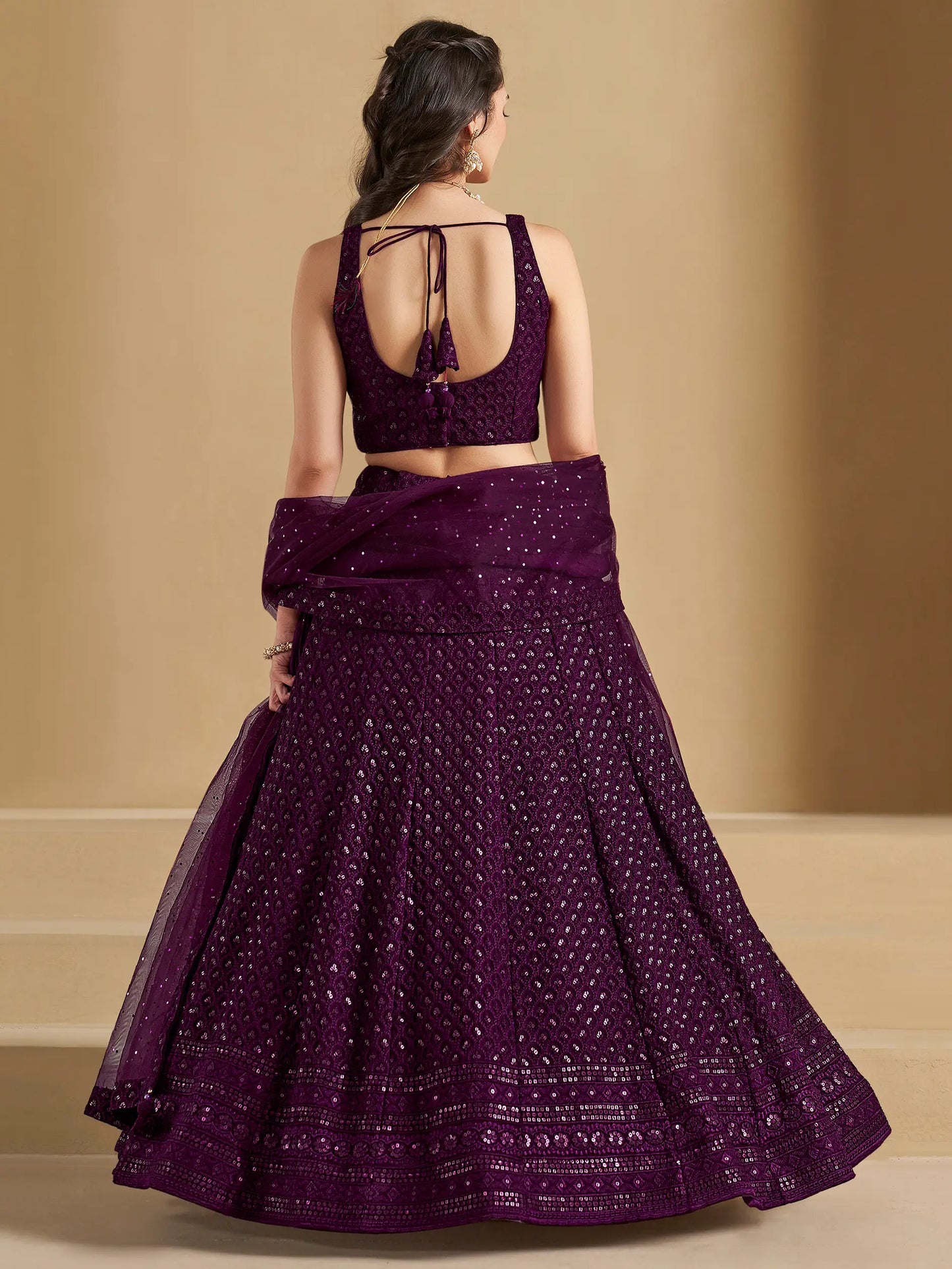 Wine Party Wear Lehenga With Sequins Embroidery Work And Dupatta